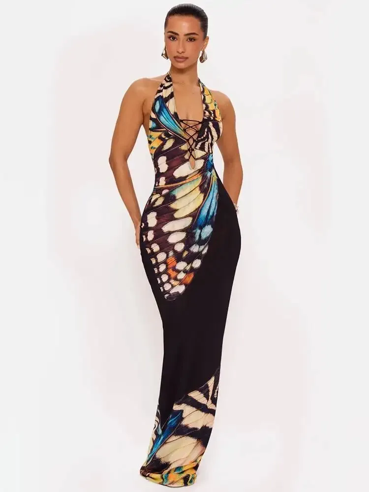 Black butterfly-print halter maxi dress from the First Drop