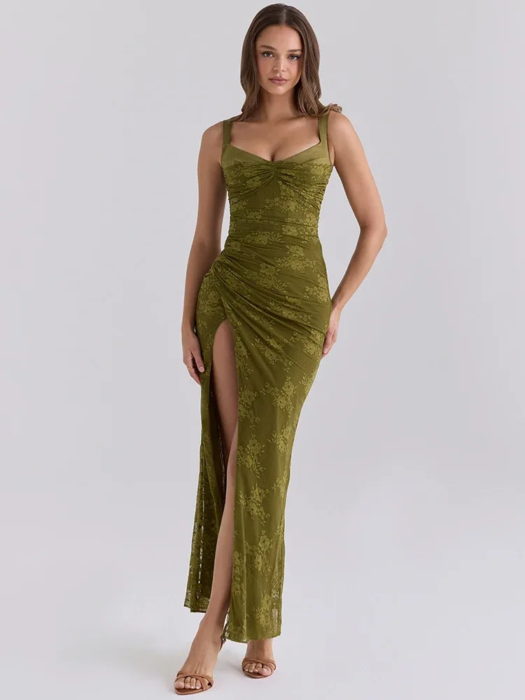 Green Floral Mesh Maxi Dress
