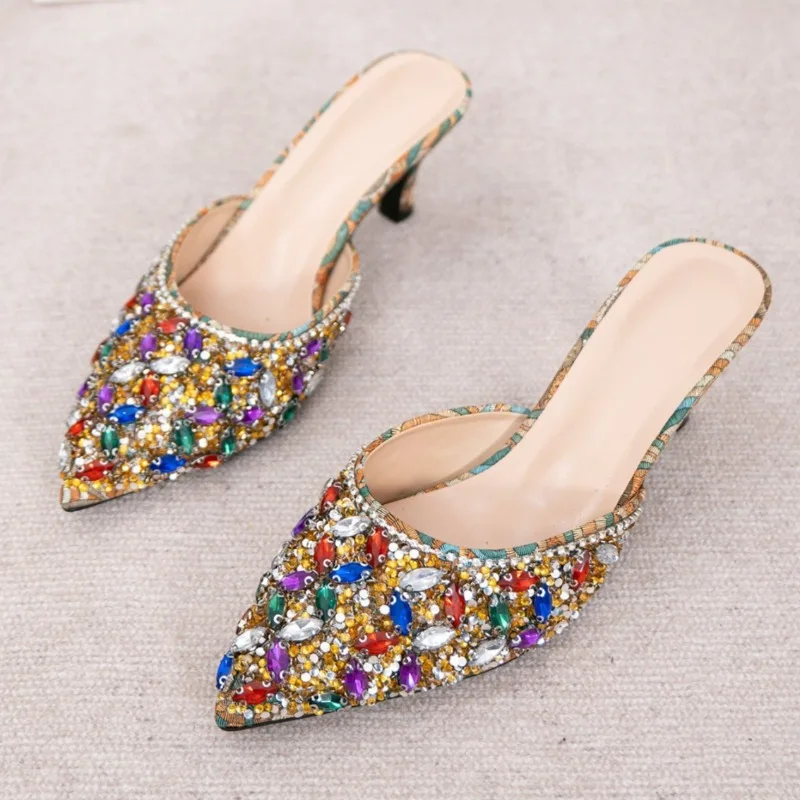 Multicolor Gemstone Rhinestone Kitten-Heel Mules