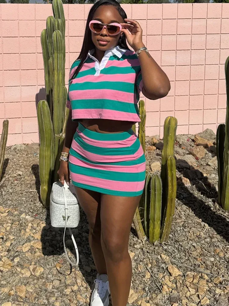 Pink Striped Polo Skirt 2-Piece Set