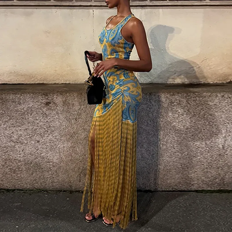 Print Tassel-Hem Print Maxi Dress